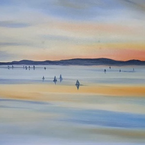 Kék szalag a naplementében - olaj tájkép 100x50 cm, Művészet, Festmény, Olajfestmény, Festészet, MESKA