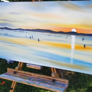 Kék szalag a naplementében - olaj tájkép 100x50 cm - művészet - festmény - olajfestmény - Meska.hu