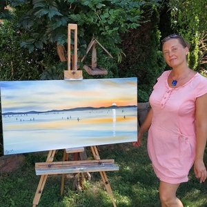 Kék szalag a naplementében - olaj tájkép 100x50 cm - művészet - festmény - olajfestmény - Meska.hu