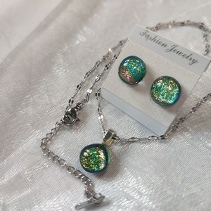 Pici zöldeskék dichroic antiallergén üvegékszer csatos füli és medál , Ékszer, Ékszerszett, Ékszerkészítés, Üvegművészet, MESKA