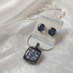 Csillogó fémes lila dichroic antiallergén üvegékszer, pötty füli és medál , Ékszer, Ékszerszett, Ékszerkészítés, Üvegművészet, MESKA