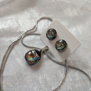 Csillogó színjátszó dichroic antiallergén üvegékszer, pötty füli és medál , Ékszer, Ékszerszett, Ékszerkészítés, Üvegművészet, MESKA