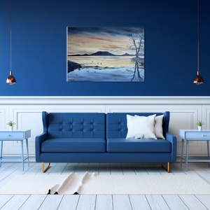 Téli naplemente Fonyódról - olaj tájkép 70x50cm - művészet - festmény - olajfestmény - Meska.hu