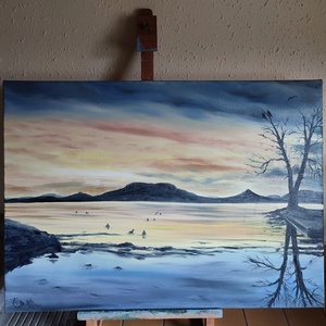 Téli naplemente Fonyódról - olaj tájkép 70x50cm, Művészet, Festmény, Olajfestmény, Festészet, MESKA