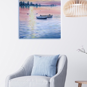 Csónakok a naplementében kacsákkal - Balatoni olaj tájkép 50x70 cm, Művészet, Festmény, Olajfestmény, Festészet, MESKA