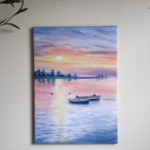 Csónakok a naplementében kacsákkal - Balatoni olaj tájkép 50x70 cm - művészet - festmény - olajfestmény - Meska.hu