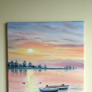 Csónakok a naplementében kacsákkal - Balatoni olaj tájkép 50x70 cm - művészet - festmény - olajfestmény - Meska.hu