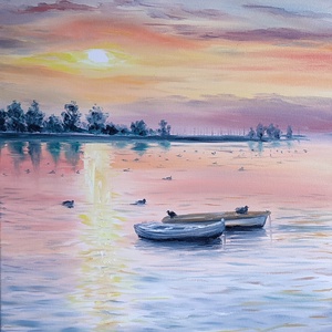Csónakok a naplementében kacsákkal - Balatoni olaj tájkép 50x70 cm - művészet - festmény - olajfestmény - Meska.hu