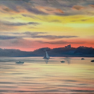 Tihanyi naplemente Füredről - 50x40 cm-es olaj tájkép - művészet - festmény - olajfestmény - Meska.hu