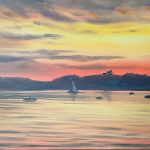 Tihanyi naplemente Füredről - 50x40 cm-es olaj tájkép - művészet - festmény - olajfestmény - Meska.hu