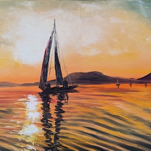 Vitorlás a naplementében - Balatoni olaj tájkép 50x70 cm - Meska.hu