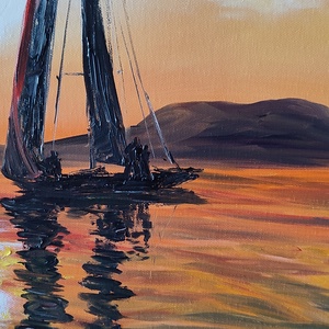 Vitorlás a naplementében - Balatoni olaj tájkép 50x70 cm - művészet - festmény - olajfestmény - Meska.hu