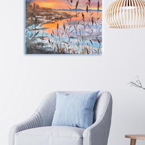 Olvadás a Balatonnál - olaj tájkép 55x55cm - művészet - festmény - olajfestmény - Meska.hu