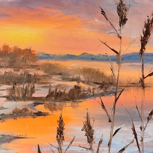 Olvadás a Balatonnál - olaj tájkép 55x55cm - művészet - festmény - olajfestmény - Meska.hu