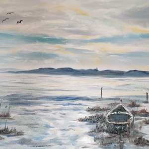 Tihanyi naplemente Paloznakról - 70x50 cm-es olaj tájkép feszített vásznon - művészet - festmény - olajfestmény - Meska.hu