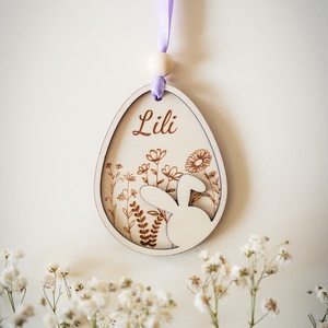 Egyedi névre szóló, feliratozott, lézergravírozott fa húsvéti nyuszis dísz, tavaszi dekoráció, Otthon & Életmód, Dekoráció, Fali és függő dekoráció, Függődísz, Famegmunkálás, Gravírozás, pirográfia, MESKA