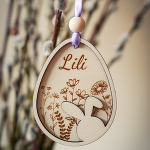 Egyedi névre szóló, feliratozott, lézergravírozott fa húsvéti nyuszis dísz, tavaszi dekoráció - otthon & életmód - dekoráció - fali és függő dekoráció - függődísz - Meska.hu