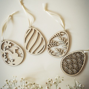 Négy darabos húsvéti tojás dekoráció függődísz B variáció, Otthon & Életmód, Dekoráció, Fali és függő dekoráció, Függődísz, Famegmunkálás, Gravírozás, pirográfia, MESKA