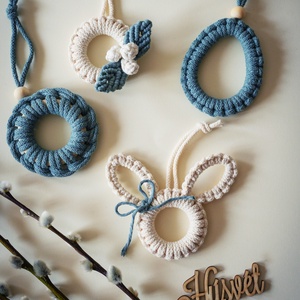 Négy darabos húsvéti nyuszis tavaszi makramé dekorációs szett - otthon & életmód - dekoráció - fali és függő dekoráció - függődísz - Meska.hu