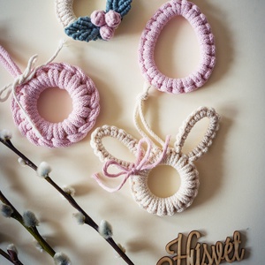 Négy darabos húsvéti nyuszis tavaszi makramé dekorációs szett - otthon & életmód - dekoráció - fali és függő dekoráció - függődísz - Meska.hu