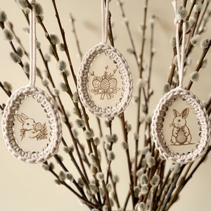 Három darabos tavaszi, húsvéti dísz, horgolt húsvéti tojás - nyuszis szett - otthon & életmód - dekoráció - fali és függő dekoráció - függődísz - Meska.hu