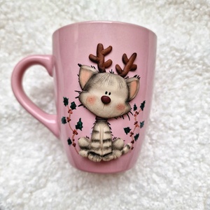 Karácsonyi bögre - Cica szarvasagancsokkal, Otthon & Életmód, Konyhafelszerelés, tálalás, Tálalás, Bögre & Csésze, Gyurma, MESKA