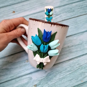 Tulipános bögre-kanál szett - ünnepi díszek, dekorációk - húsvéti díszek és dekorációk - húsvéti bögre - Meska.hu