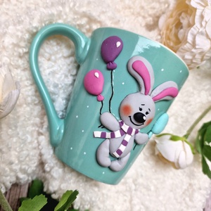 Színes bögre - Nyuszi lufikkal - ünnepi díszek, dekorációk - húsvéti díszek és dekorációk - húsvéti bögre - Meska.hu