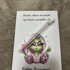 Vendégajándék - karácsonyi grincs - szempillakifésülő kefével - karácsony - karácsonyi ajándékozás - karácsonyi képeslap, üdvözlőlap, ajándékkísérő - Meska.hu