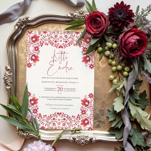 Esküvői meghívó - piros virágos - Meska.hu