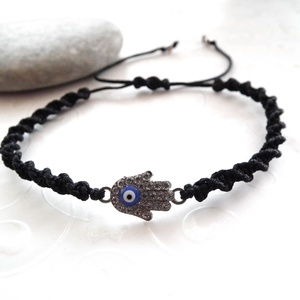 Védelem karkötő, Fatima keze, Hamsa - evil eye zsinóros minimál karkötő - ékszer - karkötő - charm karkötő - Meska.hu