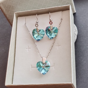 Kristályszív... acél fülbevaló + nyaklánc szett - ékszer - ékszerszett - Meska.hu