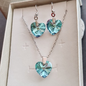 Kristályszív... acél fülbevaló + nyaklánc szett - ékszer - ékszerszett - Meska.hu