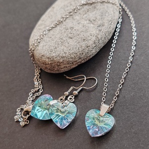 Kristályszív... acél fülbevaló + nyaklánc szett - ékszer - ékszerszett - Meska.hu