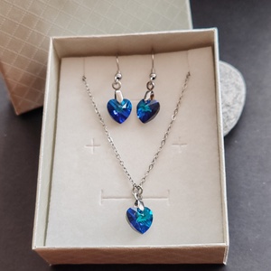 Mini kristályszív... acél fülbevaló + nyaklánc szett - ékszer - ékszerszett - Meska.hu