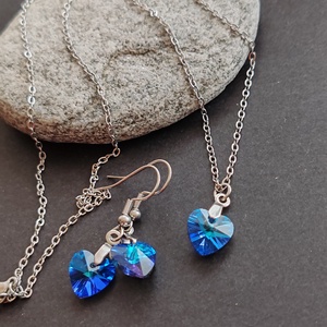 Mini kristályszív... acél fülbevaló + nyaklánc szett - ékszer - ékszerszett - Meska.hu