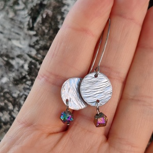 Drúzy kvarc alu korongos fülbevaló, Ékszer, Fülbevaló, Lógó fülbevaló, Ékszerkészítés, Fémmegmunkálás, MESKA