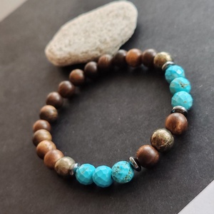 Bambusz- türkinit - pirit férfi gumis karkötő - ékszer - karkötő - gyöngyös karkötő - Meska.hu
