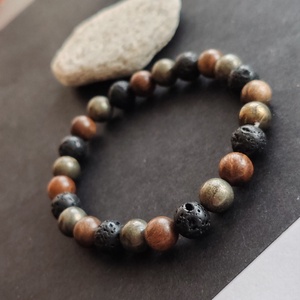 Bambusz- lávakő - pirit férfi gumis karkötő - ékszer - karkötő - gyöngyös karkötő - Meska.hu