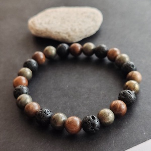 Bambusz- lávakő - pirit férfi gumis karkötő - ékszer - karkötő - gyöngyös karkötő - Meska.hu