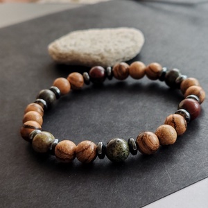 Bambusz - sárkányvér jáspis - hematit férfi gumis karkötő, Ékszer, Karkötő, Gyöngyös karkötő, Ékszerkészítés, MESKA