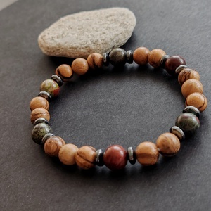 Bambusz - sárkányvér jáspis - hematit férfi gumis karkötő - ékszer - karkötő - gyöngyös karkötő - Meska.hu