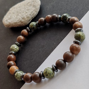 Bambusz - szerpentin - hematit férfi gumis karkötő - ékszer - karkötő - gyöngyös karkötő - Meska.hu