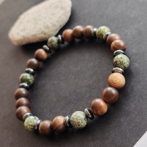 Bambusz - szerpentin - hematit férfi gumis karkötő - ékszer - karkötő - gyöngyös karkötő - Meska.hu