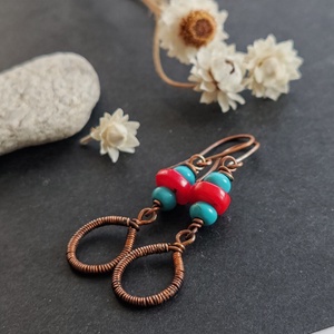 Korall - türkinit réz fülbevaló  - ékszer - fülbevaló - lógó fülbevaló - Meska.hu