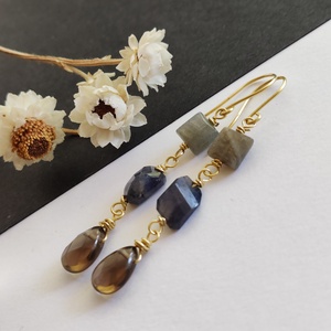 Füstkvarc - iolit - labradorit fülbevaló - ékszer - fülbevaló - lógó fülbevaló - Meska.hu