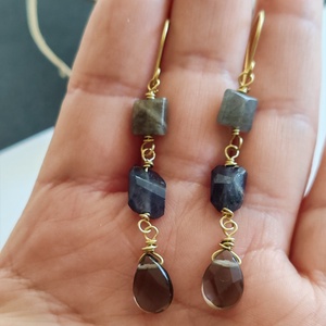 Füstkvarc - iolit - labradorit fülbevaló - ékszer - fülbevaló - lógó fülbevaló - Meska.hu