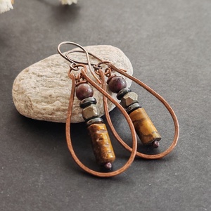 Tigrisszem - pirit - bronzit réz fülbevaló  - ékszer - fülbevaló - lógó csepp fülbevaló - Meska.hu