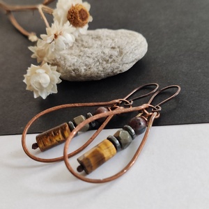 Tigrisszem - pirit - bronzit réz fülbevaló  - ékszer - fülbevaló - lógó csepp fülbevaló - Meska.hu