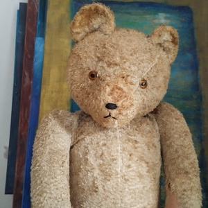 Vintage szalma mackó, Antik brummogó maci, Vintage gyűjtői szalmával tömött mackó, Antik világos színű teddy maci - Meska.hu